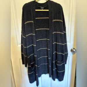 Torrid size 4 black eyelash cardigan sweater gold thread accents